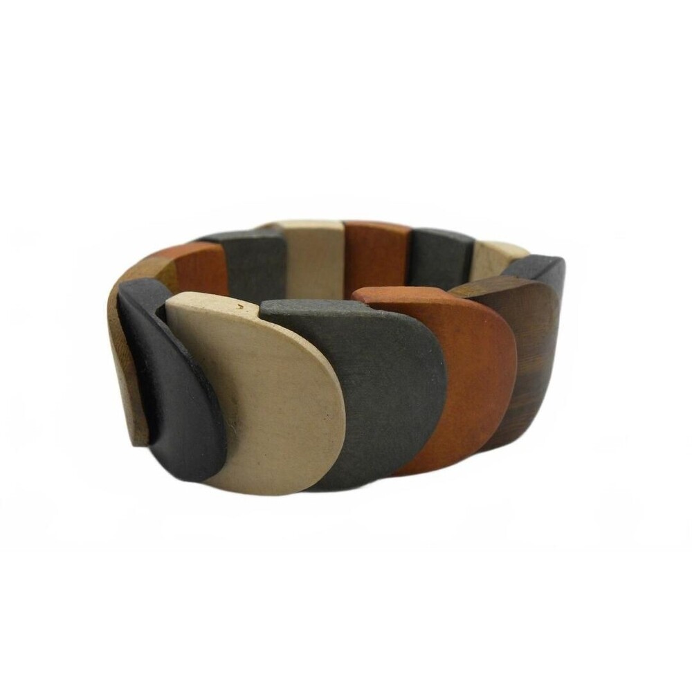 Chunky Wood Bracelet Panel Stretch Multicolor Boho Tribal Earth Nature Core